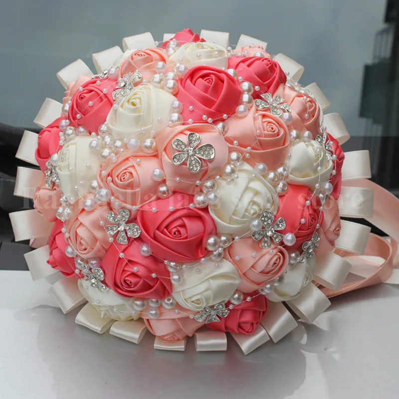 WifeLai-кораллово-розовый цвет слоновой кости шампанского с кристаллами, атласное искусственное Цветочная Лента Свадебная и Подружка невесты букет из цветов W224A