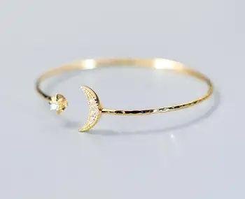 

1pc So Thin 100% Real. 925 Sterling Silver Fine Jewelry cz Crescent Moon &Star Engraved Bangle Cuff Bracelet GTLS634