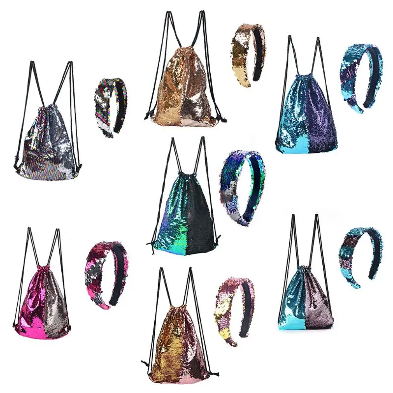 Reversible Sequin Drawstring Bag Cinch Sack Backpack Purses Rucksack + Headwear Set for Kids Girls