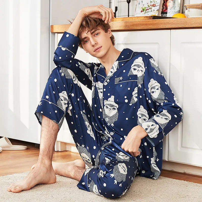 Cncool мужской с принтом Сова Шелковый пижамный комплект мужские пижамы шелковые пижамы мужские сексуальные современный стиль мягкие