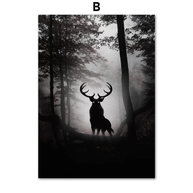 Black White Elk Deer Forest Landscape Wall Art Canvas Painting Nordic