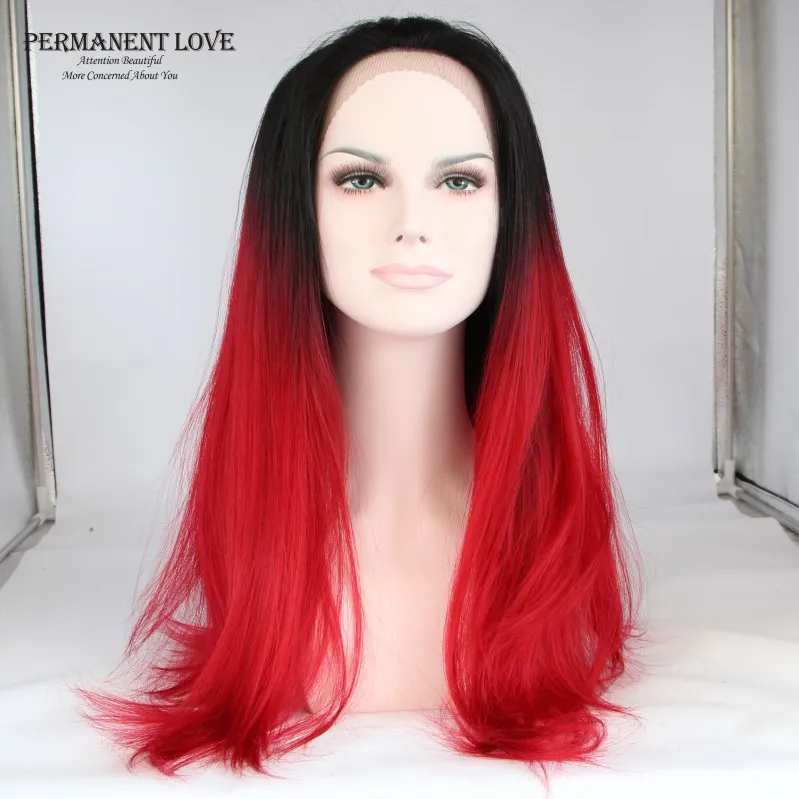 Fashion Women Synthetic lace front wigs ombre black roots red hair wigs ...