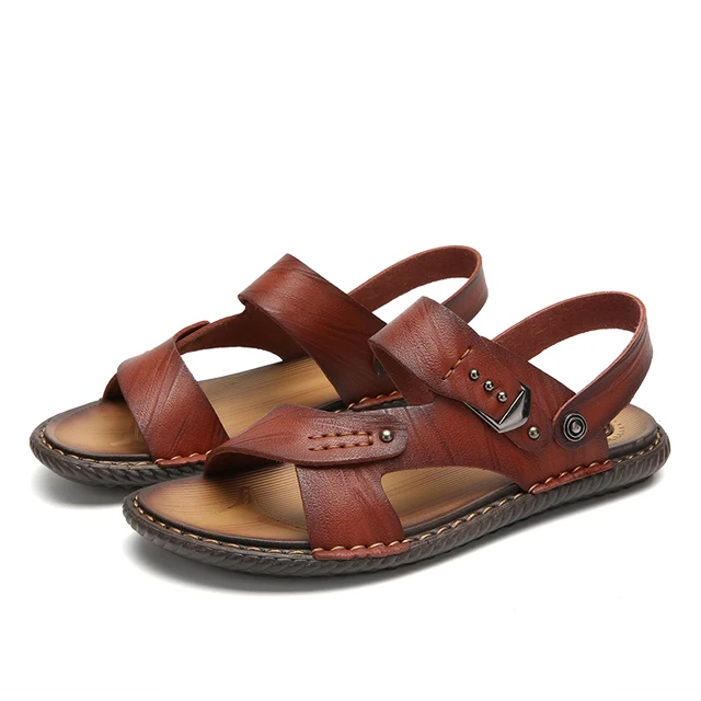 Mens Italian Leather Sandals Flat Men Brown Sandal Quality Men Summer