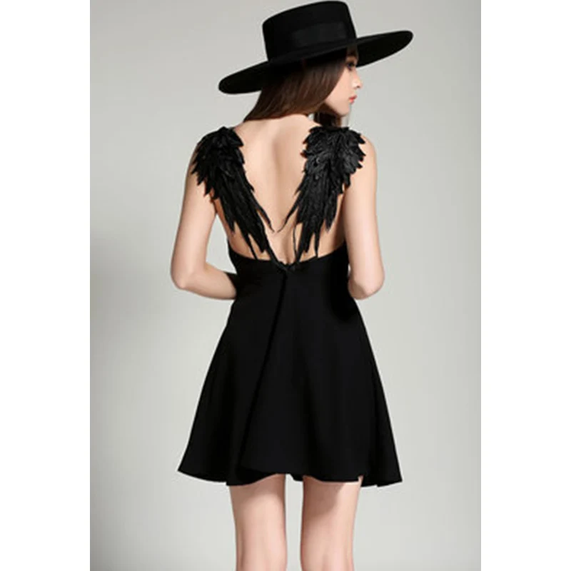 Summer Women Lace Wings Party Dress Patchwork Sleeveless Spaghetti Strap V-Neck Beach Sexy Night Club | Женская одежда