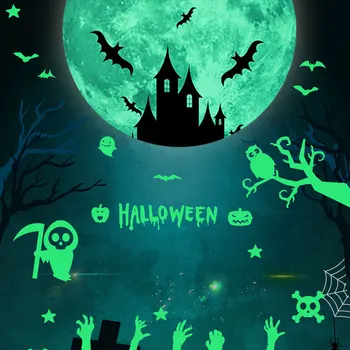 

Big Size Glowing In The Dark Moon Castle Wall Glass Sticker Halloween Decoration Decals Luminous Home Ornaments- Green