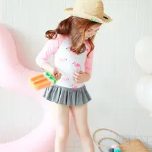 Детские Топы с длинным рукавом для защиты от солнца для девочек, шорты в стиле юбок, купальный костюм из двух предметов с шапками, милый купальный костюм с фламинго, летние купальники