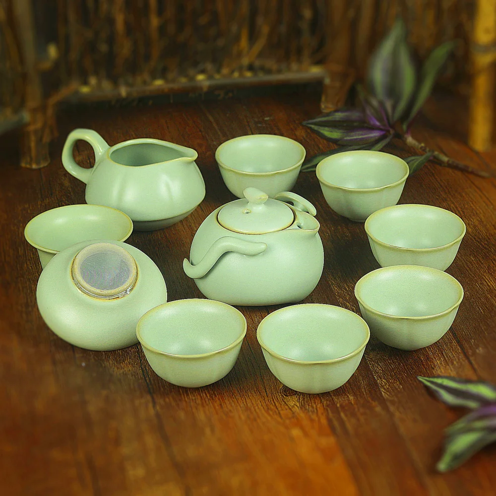 10 Pcs,Pink green,penguin pot,Clay teaset,smart Zisha Gongfu Tea Set