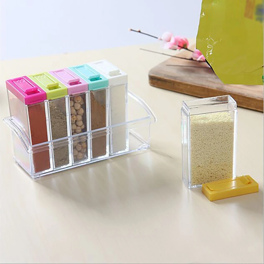 

6pcs/set Seasoning Box Transparent PP Salt Pepper Jars Box Colorful Lid Kitchen Cruet Storage Kitchen Spice Storage Bottles NEW