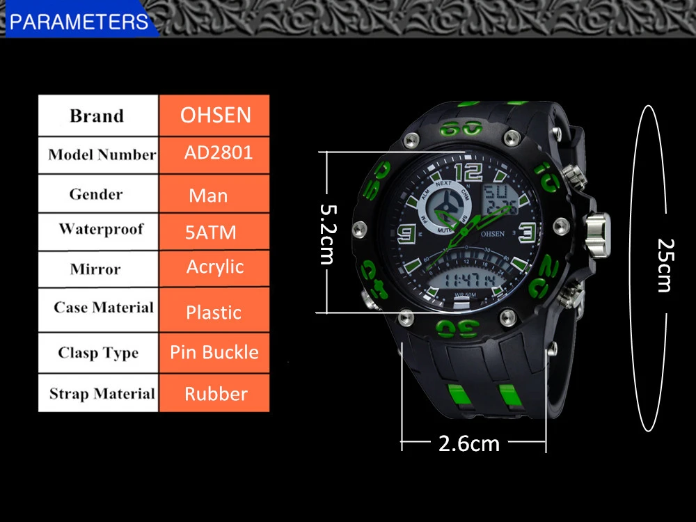 Кварцевые часы «OHSEN» цифровые часы мужские ЖК-дисплей Dual Time Многофункциональные мужские спортивные часы на резиновом ремешке 5ATM водонепроницаемые наручные часы