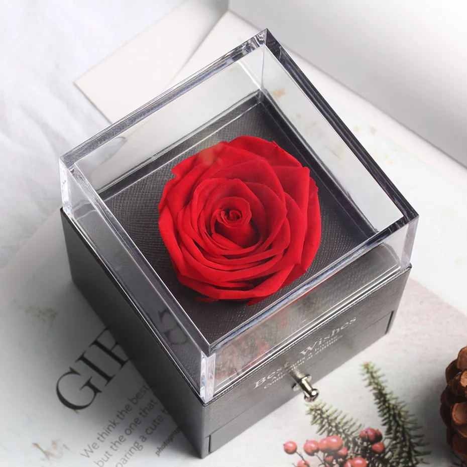 Консервированная в стеклянном куполе вечные декоративные лепестки роз, красная подарочная коробка, можно положить кольцо на День Святого Валентина подарок на день рождения, подарки для женщин - Цвет: Серебристый