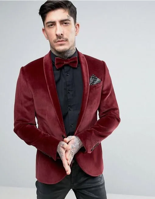 

Casual Men Blazer Latest coat pant Designs Wine Red Burgundy Velvet Shawl Lapel Men Suits Wedding Tuxedo 2 Pieces Jacket+Pants