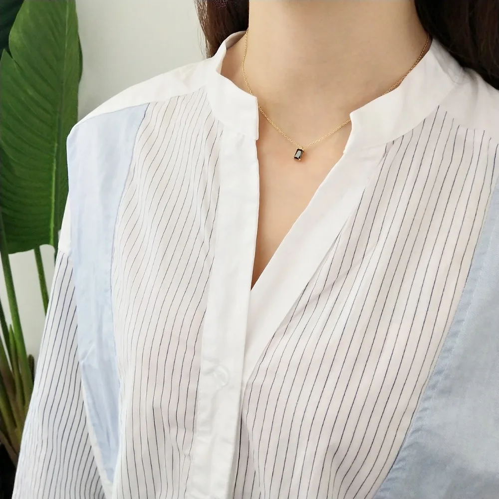 Small Cute Authentic 925 Sterling silver black zircon square Geometric pendants necklace simple trendy design wild necklace C-B3