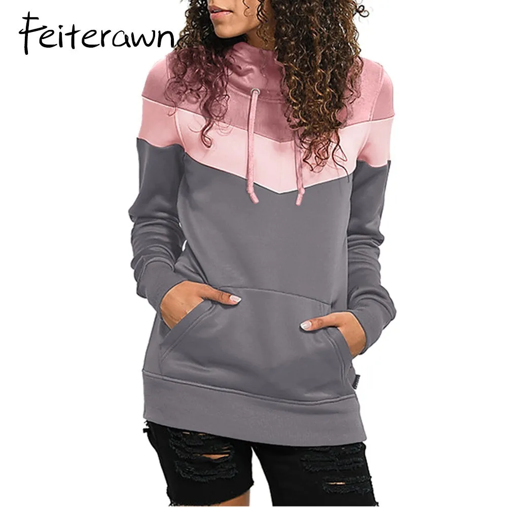 Feiterawn Women Patchwork Kangaroo Pocket Hooded Sweatshirt Winter