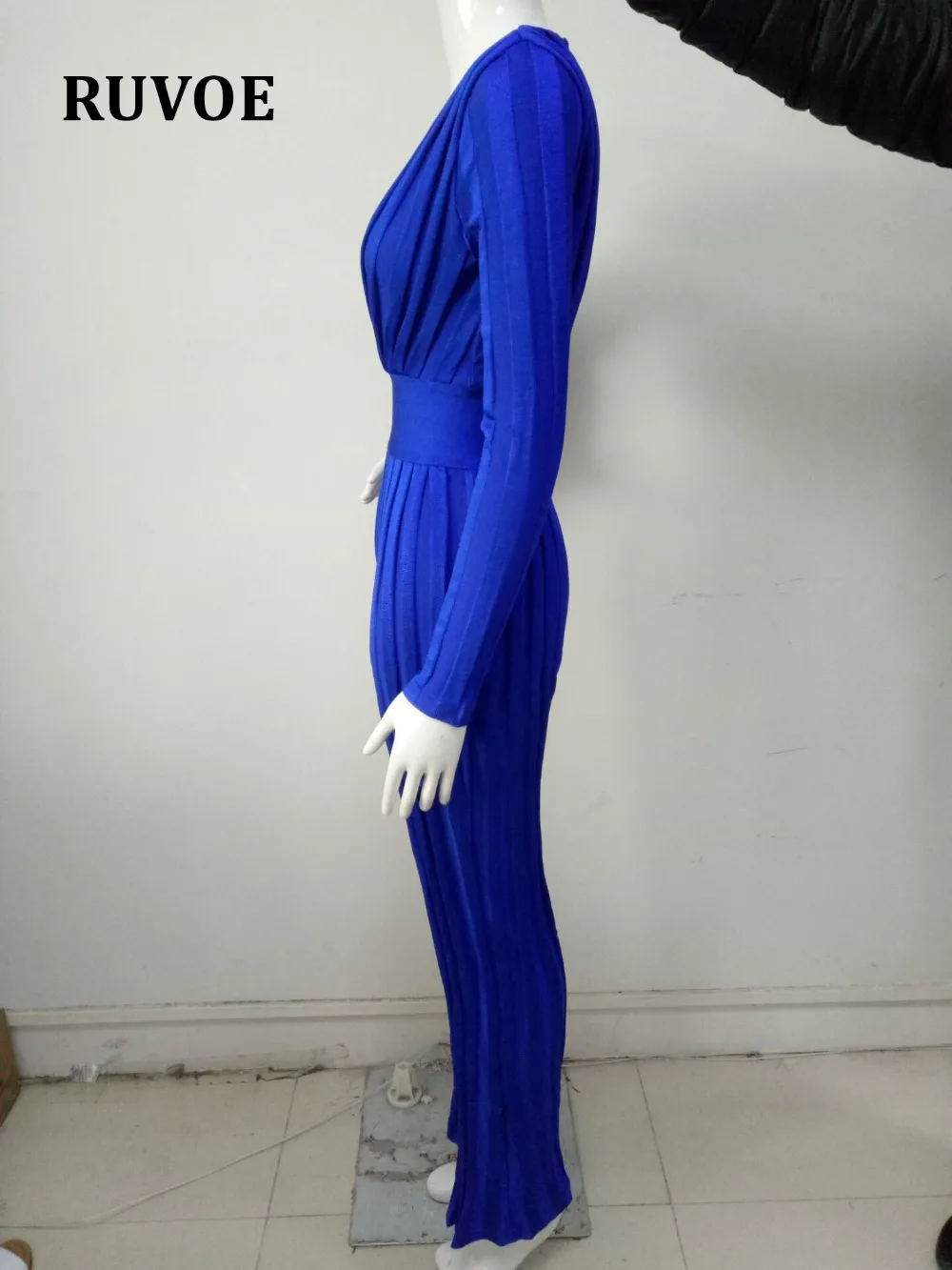 Новый женский подиумный бандажный комбинезон с длинным рукавом комбинезон элегантный синий глубокий v-образный вырез сексуальный