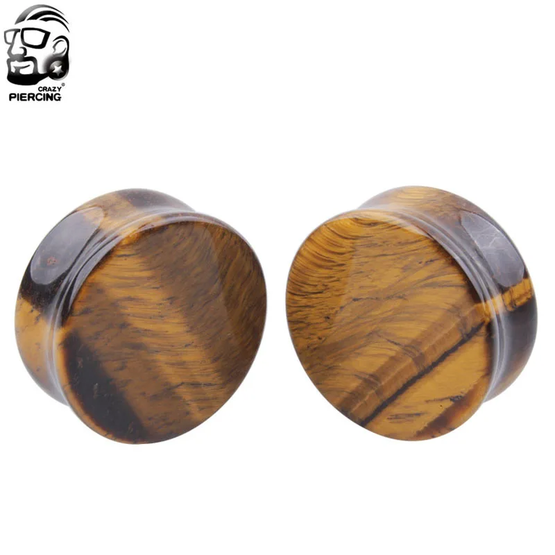 

2PCS Stone Ear expanders Screw Fit Ear Plugs and Yellow Tiger Eyes Ear Piercings Flesh Tunnels Ear Stretcher Sexy Body Jewelry