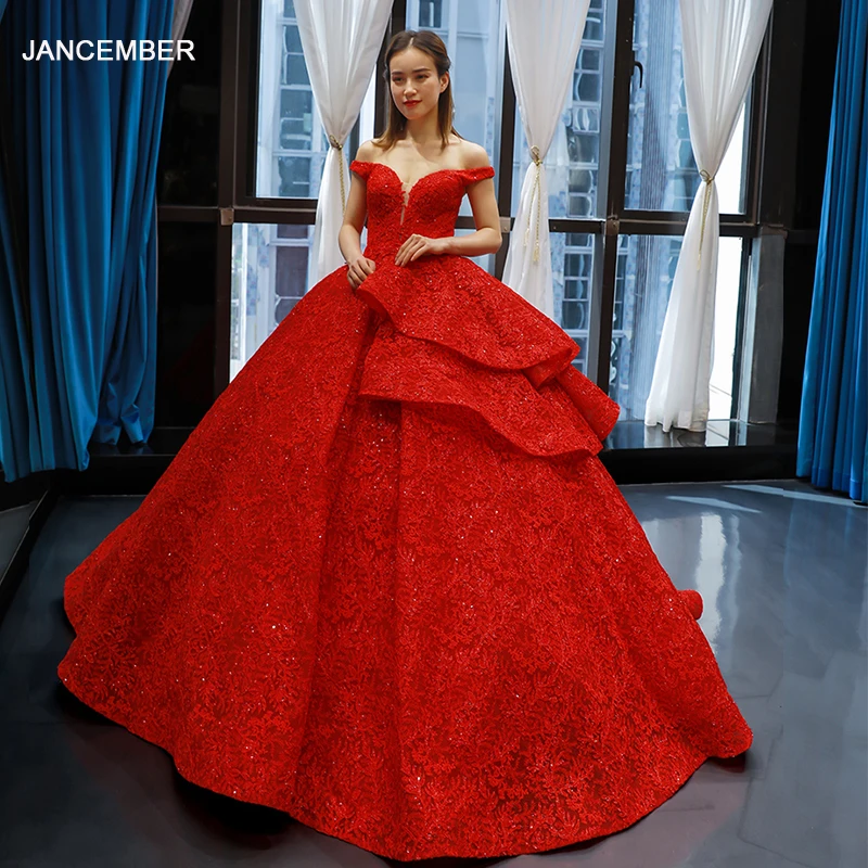 #^Special Price J66717 jancember avondjurk off shoulder mouwloze lace up back floor lengte red wedding party jurken vestidos de novia 2019