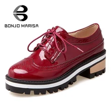 BONJOMARISA Oxfords Обувь Для Девушку Винтаж Площадь Med Пятки Зашнуровать Круглым Носком Платформа Акцентом Обувь Большой Размер 34-43