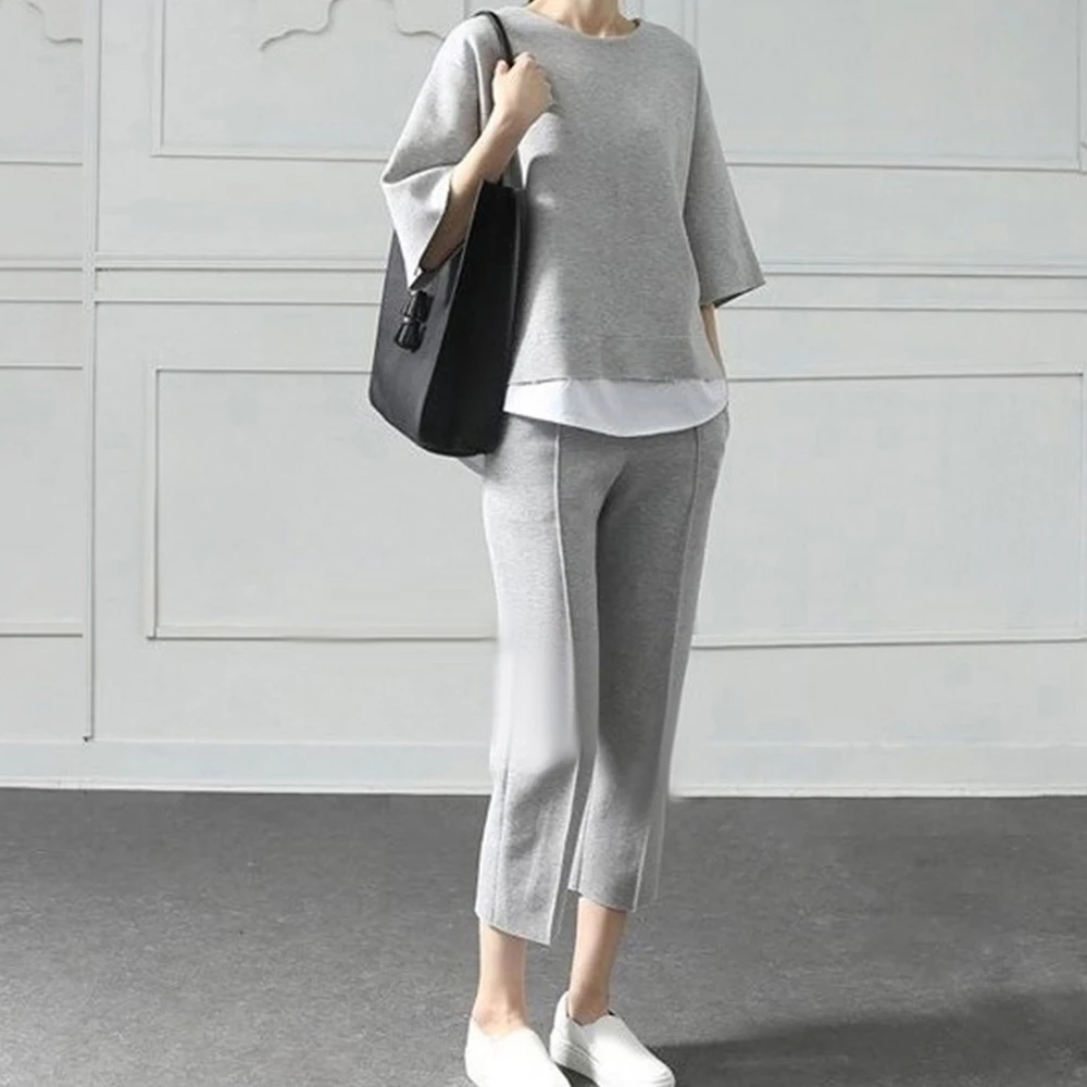 

Casual Women Suit Elastic Waist Calf-Length Pants Ladies O-Neck Gray Fashion Tracksuits Loose Splits Sleeve Cotton Suits