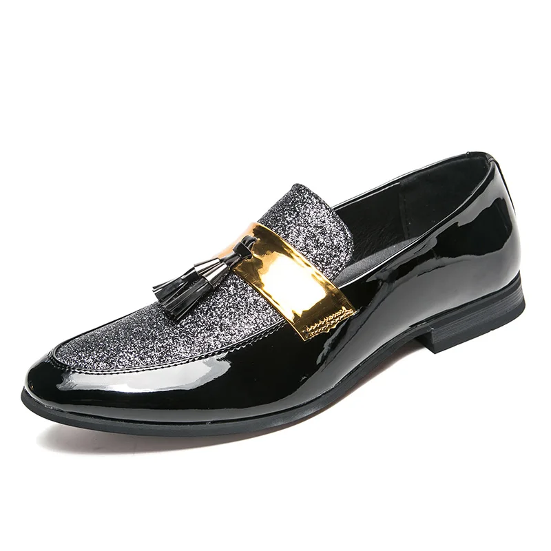 Мужские модельные туфли из натуральной лакированной кожи; большие размеры; роскошные свадебные туфли в итальянском стиле; Повседневная Деловая кожаная обувь без застежки - Цвет: Silver
