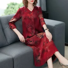 Шелковое платье, летнее, новое, v-образный вырез, Ретро стиль, с принтом, свободное платье, большой размер, M-4XL, высокое качество, элегантное, повседневное, для вечеринки, Пляжное Платье