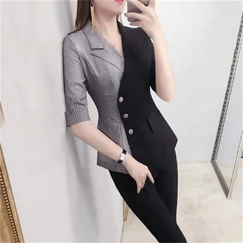 

Fashion Pant suit women summer New High end British style irregular striped Casual suit + pants two-piece suit women OL suit
