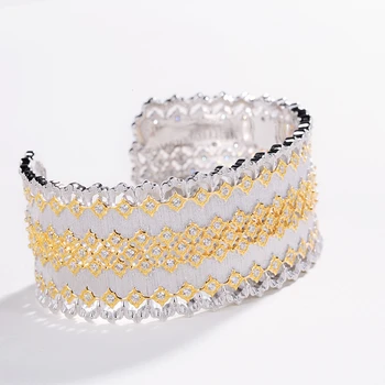 

CMajor Sterling Silver Jewelry 925 Pure Silver Two Tone Vintage Palace Hollow Floral Lace Wide Open Bangles For Women