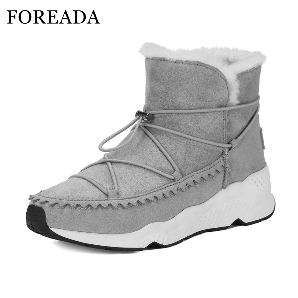 

FOREADA Winter Snow Boots Cow Suede Leather Women Ankle Boots Plush Platform Wedge Heels Warm Wool Short Boots Fur Gray Black