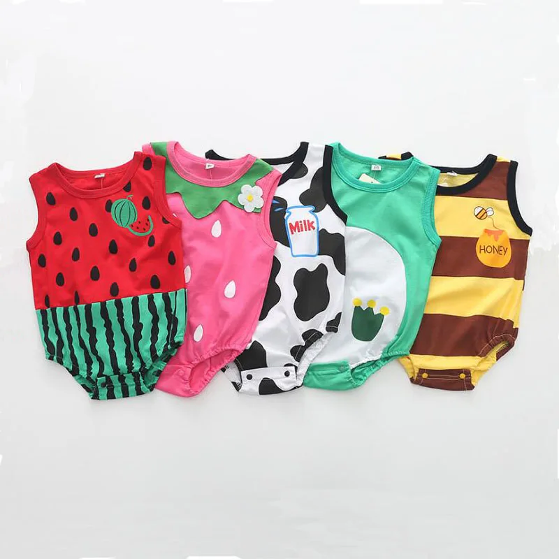 

Newborn Baby Cotton Rompers Unisex baby girl boy sleeveless clothes Fruit strawberry watermelon summer jumpsuits overalls 3-18M
