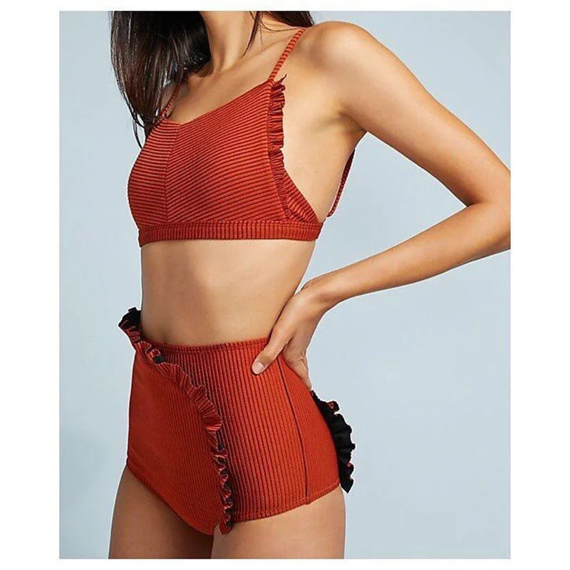 

2019 Sexy Shoulder Ruffle Swimwear High Waist Bikini Women Swimsuit Bandage Bathing Suits Beachwear Swim Sport Biquini 3425