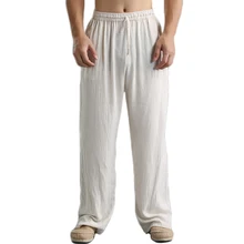 Hisenky летние тонкие дышащие и мягкие хлопковые льняные мужские повседневные штаны с эластичной резинкой на талии, натуральные льняные прямые брюки