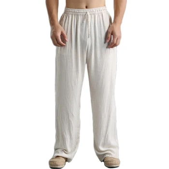 

Hisenky Summer thin breathable and soft cotton linen men's casual pants elastic waist natural linen straight leg trousers pants