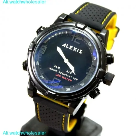 AW801E Water Resist Silicone Black Band Boy Girl Dual Time Alexis Anadigit Watch