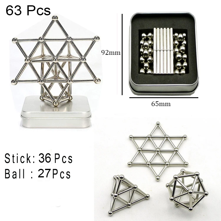 

63pcs DIY Magnetic Building Blocks Magnet Toys With 27pcs Magnet Balls and 36pcs Magnet Sticks,3D Puzzle Toys Brain Training.