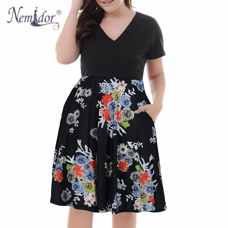 Nemidor Women's V-Neck Print Pattern Casual Work Stretchy Plus Size Swing Dress with Pocket (8)