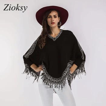 

Zioksy 2017 Autumn Winter Women Knitted Sweaters Loose V-Neck Batwing Sleeve Tassel Fashion Pullovers Sweater Top