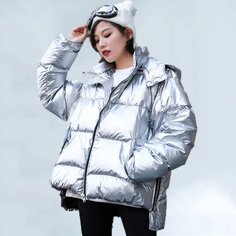 

Women Fashion Padded Parkas Jacket 2019 Winter New Long Sleeve Hooded Coats Metallic Silver Shiny Warm Jacket Women Overcoat 429