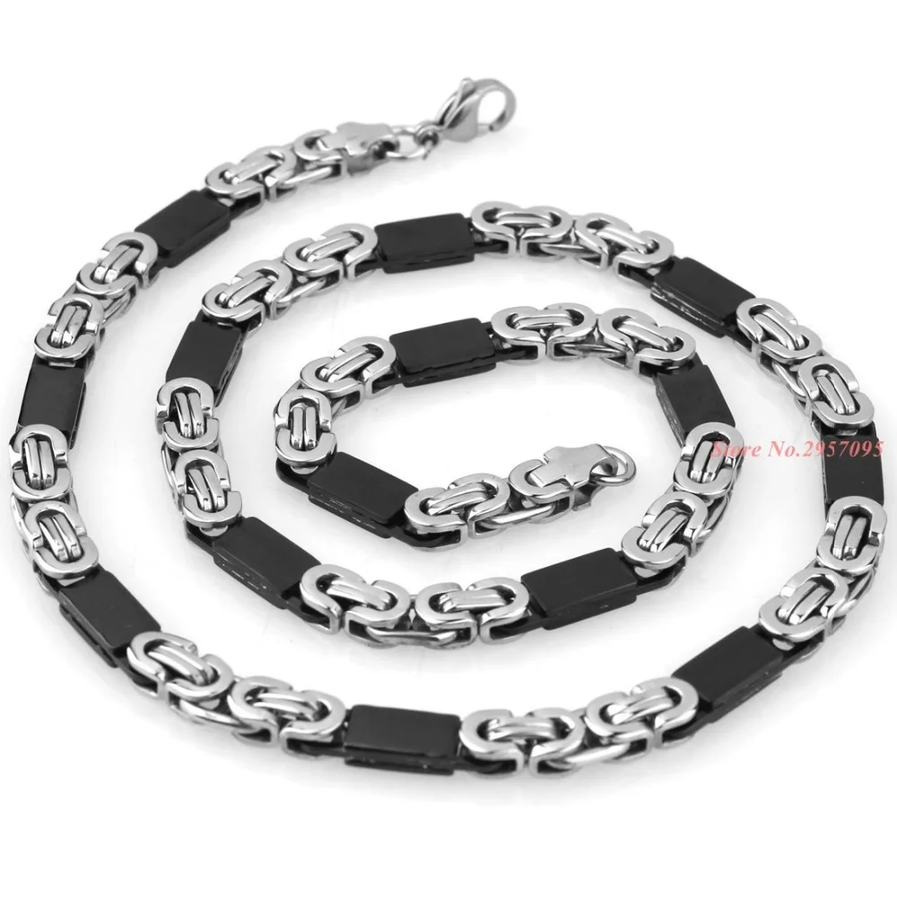 Free Shipping 6/8mm Wide Boy Mens Chain Gold Black Tone Flat Byzantine Link Stainless Steel