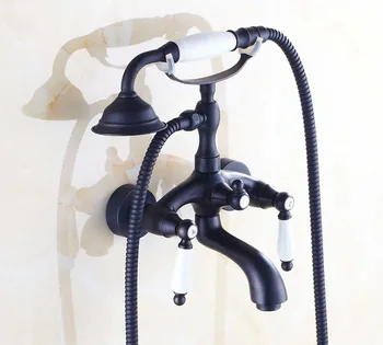 

Black Oil Rubbed Brass Double Ceramic Handles Wall Mounted Claw Foot Bathroom Tub Faucet Mixer Tap With Handshower mtf551