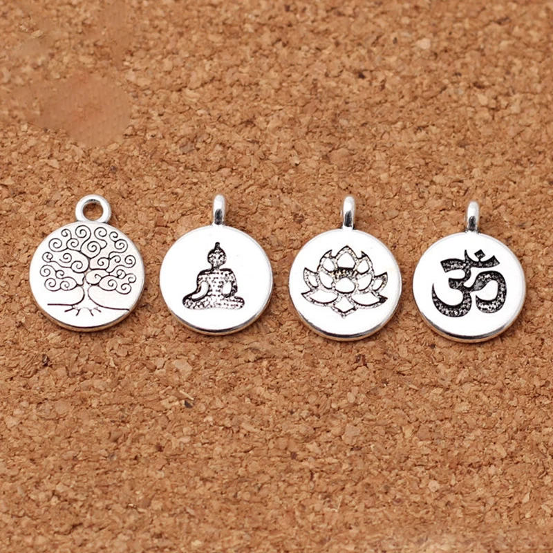 Breloques Tibétaines en Argent de 15mm, 10 Pièces/Lot, Étiquette Ronde Annie/Arbre de Vie/Bouddha, en Métal Fait à la Main, Bijoux de Bricolage, Accessoires de Direction