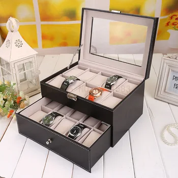 

2pcs/lot 20-Grid double-layer PU Leather watch display box case with drawer