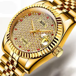 Анжела BOS бренд Для мужчин эксклюзивная Diamond Нержавеющая сталь Водонепроницаемый часы Для мужчин автоматического техники сапфир Glow