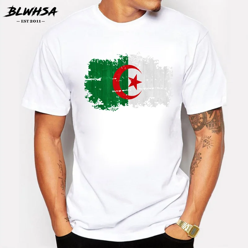 

BLWHSA Short Sleeve T Shirts Men Algeria Nation Flag Summer 100% Pure Cotton Nostalgic O-neck Tops Tees