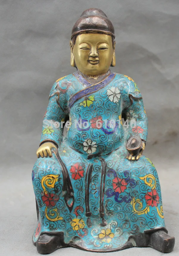 

9" Chinese Cloisonne Enamel Bronze Seat officer Guan Mammon Money Yuanbao Statue