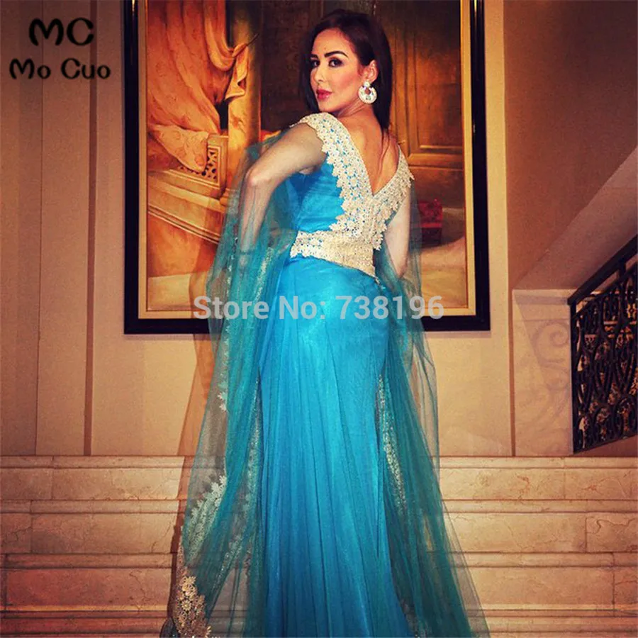 Robe de soiree 2016 Aso Ebi Style Abaya Dubai Kaftans Caftan Full sleeve Appliques Tulle Blue Evening dress for women