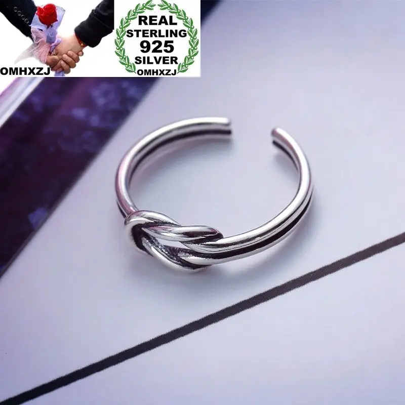 

OMHXZJ Wholesale Personality Fashion OL Woman Girl Party Wedding Gift Silver Black Knot Open S925 Sterling Silver Ring RN287