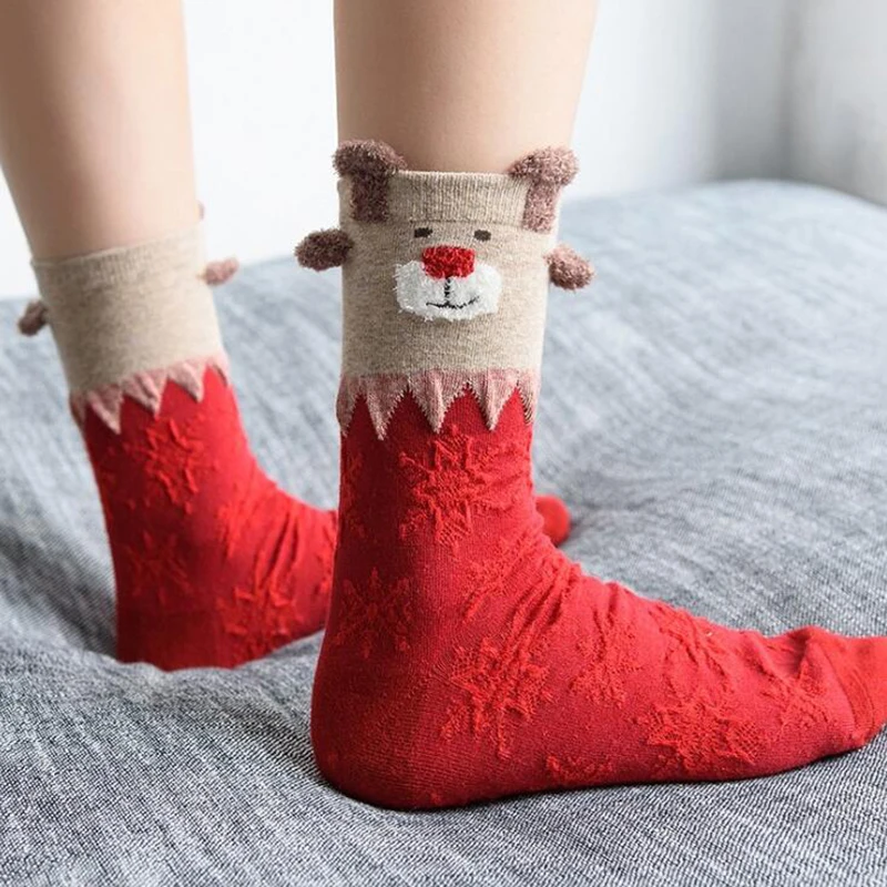 3 пара/лот, женские рождественские носки, милые дизайнерские женские новогодние красные мягкие хлопковые носки для рождественских подарков с рисунками животных