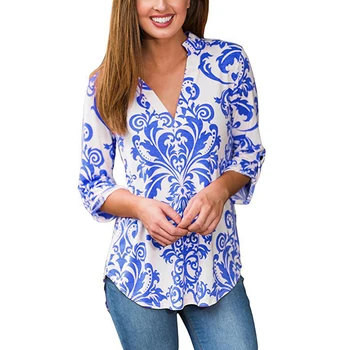 

Summer Autumn Blouse Women Shirt Print Floral Long Sleeve V Neck Casual Women's Tops Tee Shirts Blusa 3XL Plus Size WS1160U