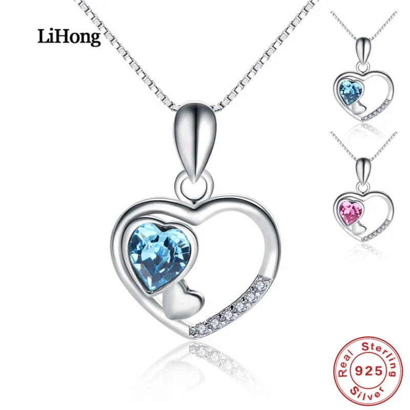 

New Design 100%925 Sterling Silver Necklace Love AAA Zircon Blue Crystal Pendant Woman Charm Jewelry Gift