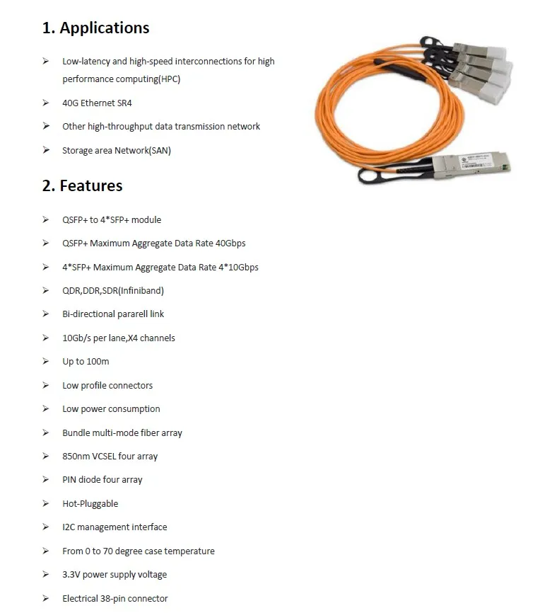 40G QSFP + 4 * программированием в производственных условиях + 1 M (3ft) OM2 активный оптический кабель, 40G QSFP + to 4x10G SFP + Breakout активный оптический кабель