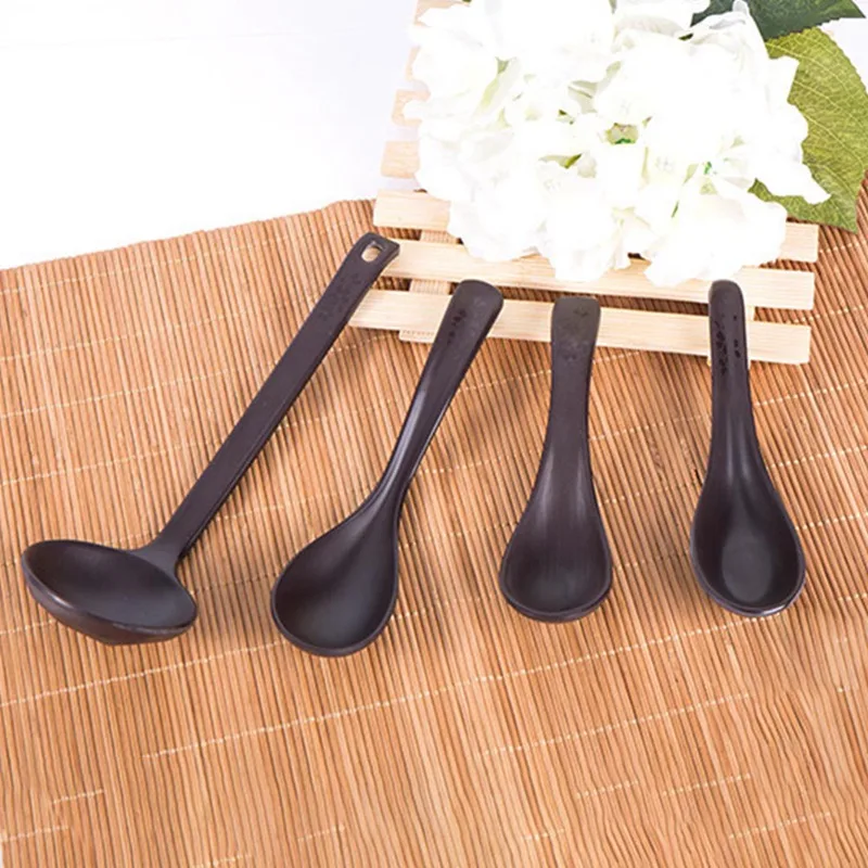 

New Imitation Ceramic Melamine Ramen Soup Bowl Black Matt Plastic Spoon Ladle Buffet Restaurant Tableware Supplies